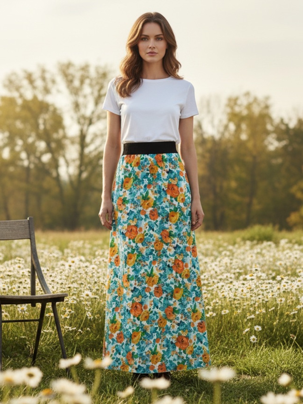 LuLaRoe Floral Maxi Skirt in White, Orange, Blue with Elastic Black Waistband
